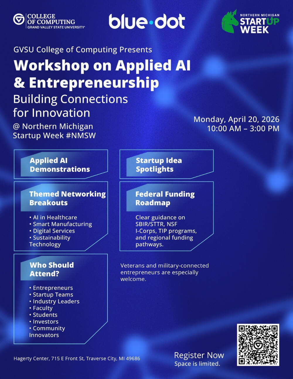 Promotional poster for a workshop on Applied AI & Entrepreneurship at Northern Michigan Startup Week.